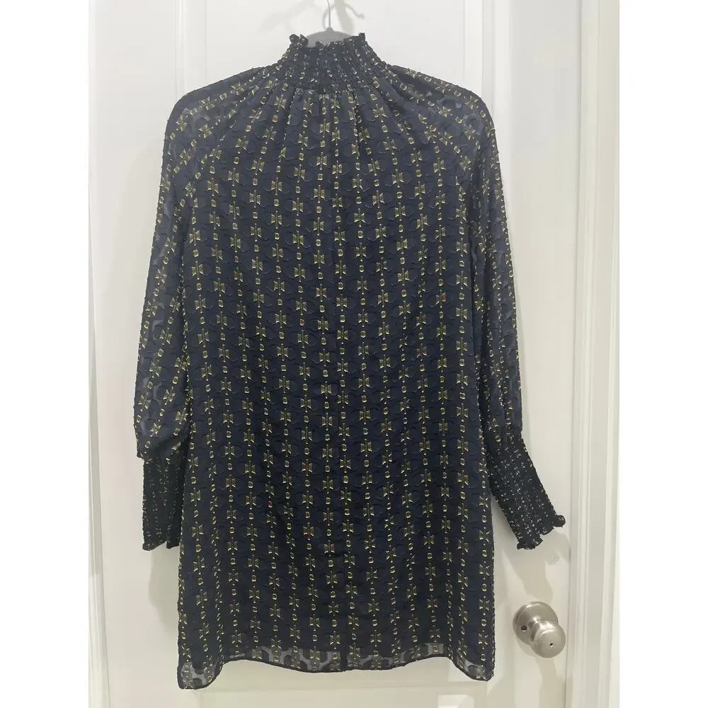 Amanda Uprichard Noemi Navy Gold Sheath High Neck Dress Sz XS
